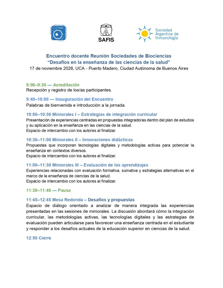 Encuentro docente Reunión Sociedades de Biociencias “Desafíos en la enseñanza de las ciencias de la salud”